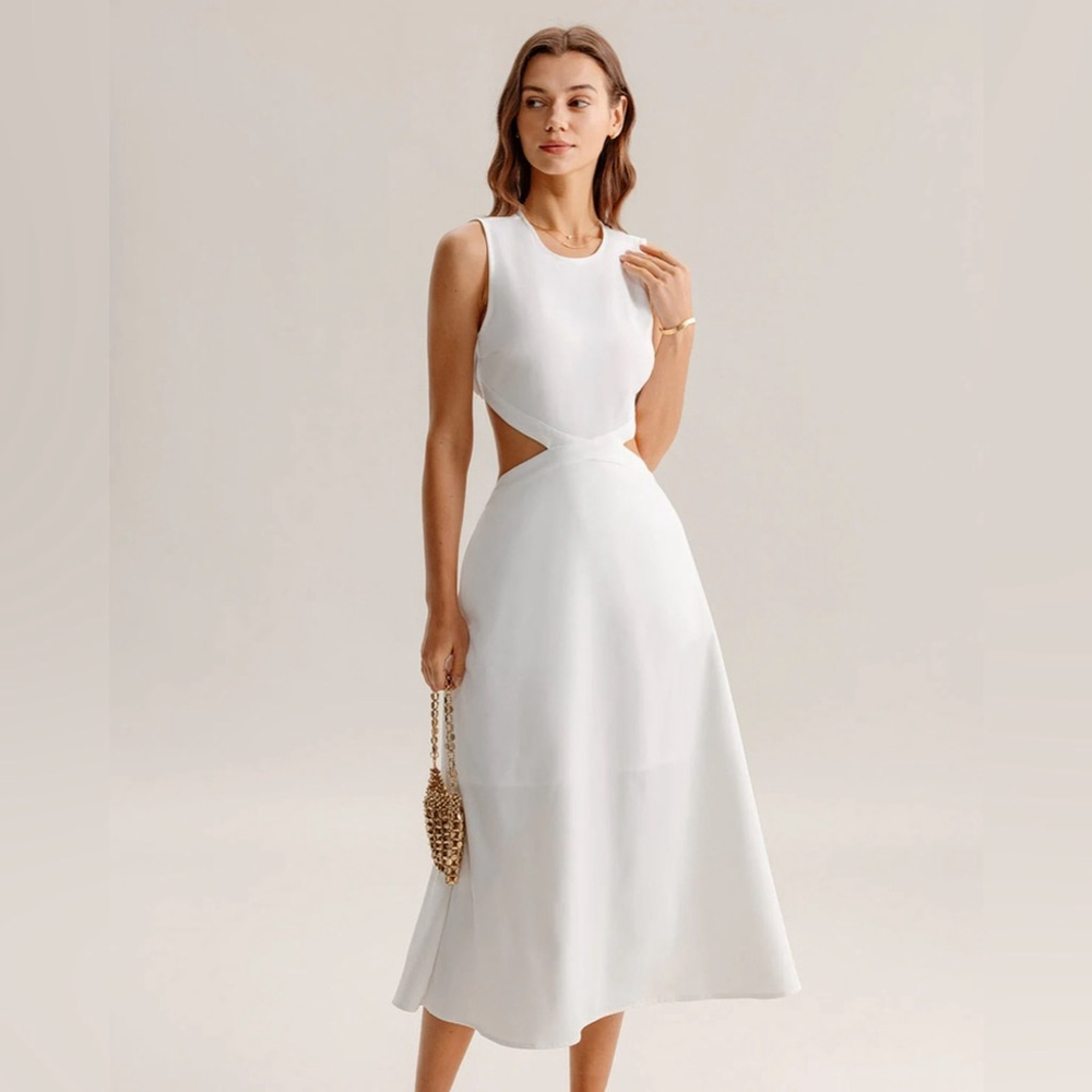RIHOAS White Cutout Sleeveless Midi Dress S